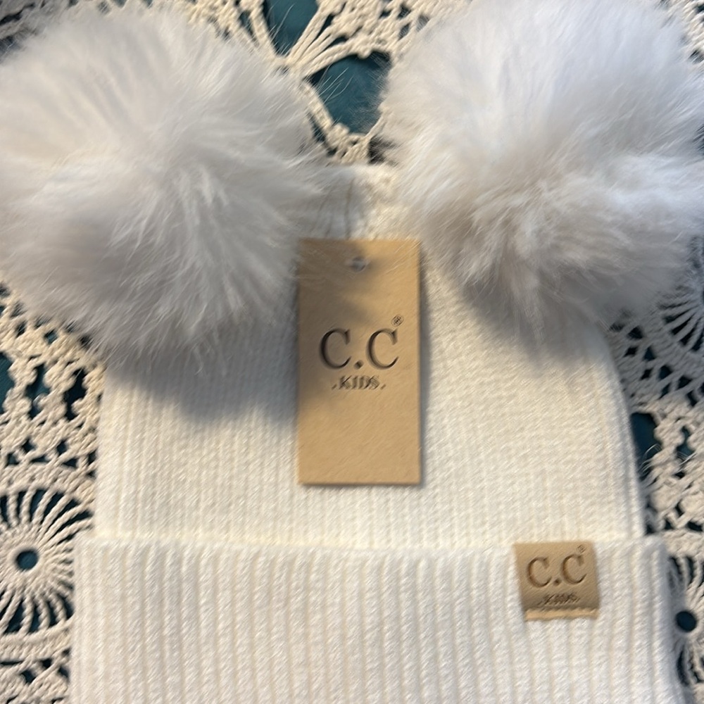 C.C Kids beanie with 2‎ Pom poms white new with tag - Picture 2 of 5